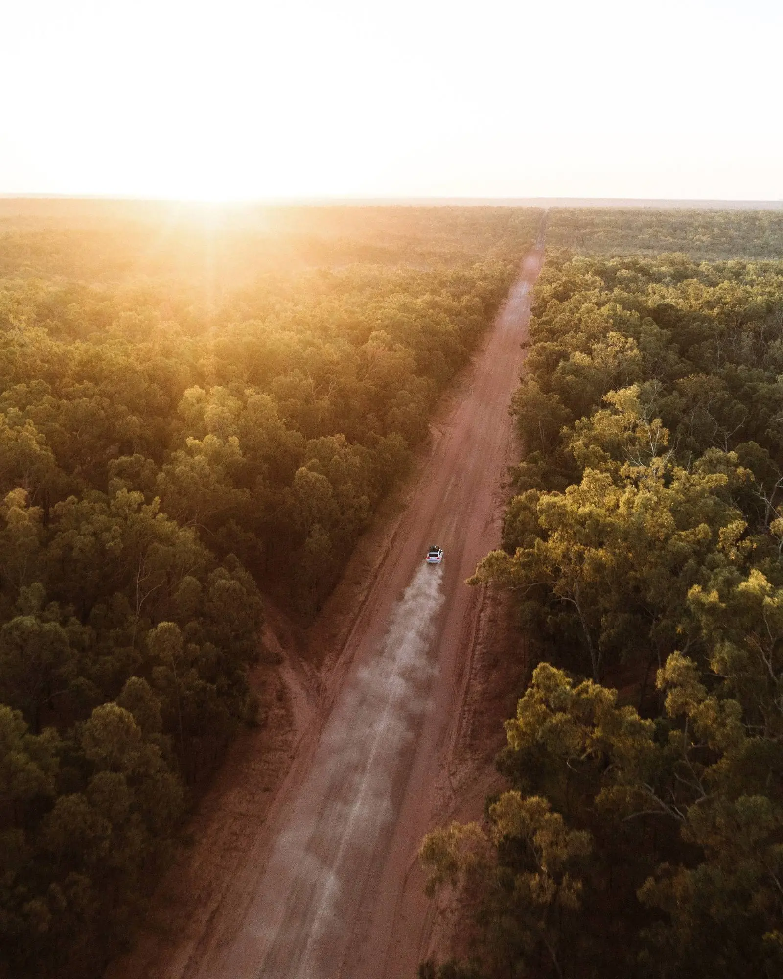 Aerial view of a red dirt road through tropical woodland in northern Australia