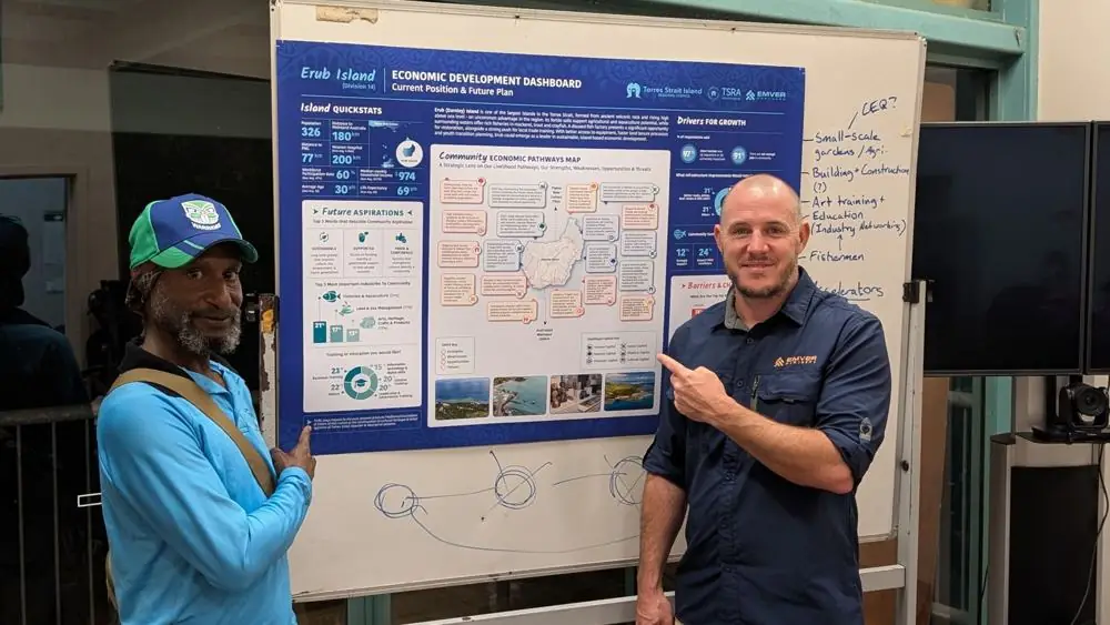 John Palmer with a community member beside a planning board on Erub